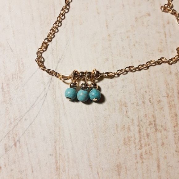 Boho Feather Pendant Layer Gold Turquoise Necklace - Picture 3 of 6